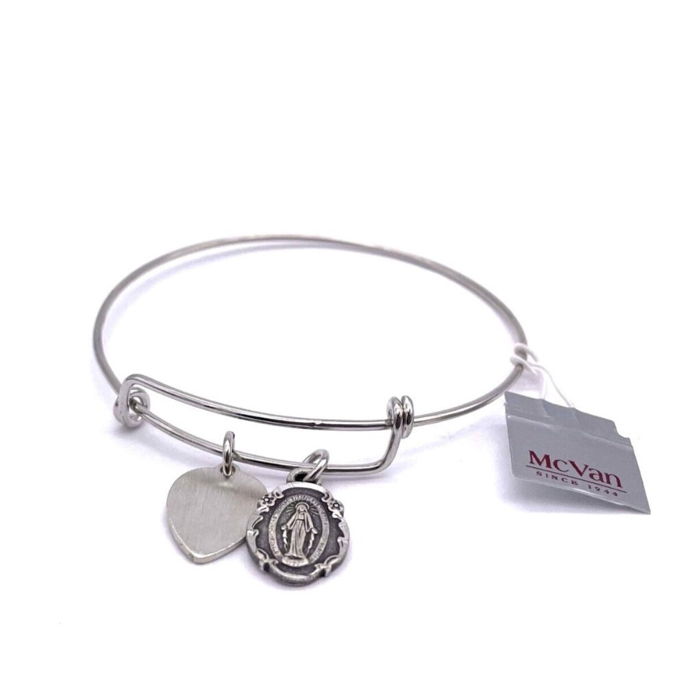 McVan Mother Mary Charm Bangle Bracelet Silver Tone Expandable Wire Band